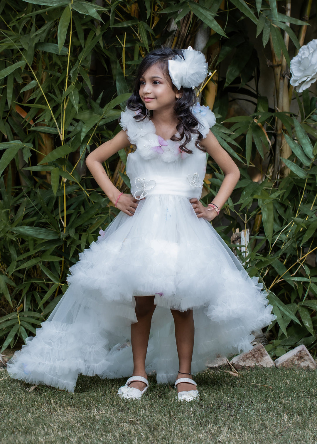 Off White Butterfly Net Trail With  Matching Bow Hair Clip Dress