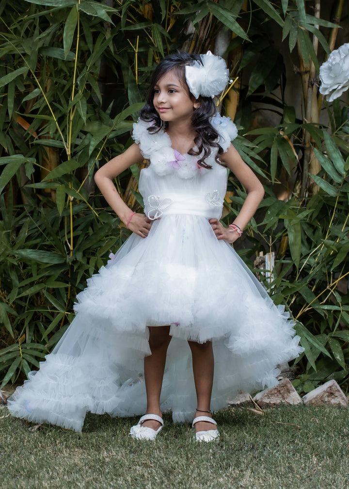 Off White Butterfly Net Trail With  Matching Bow Hair Clip Dress