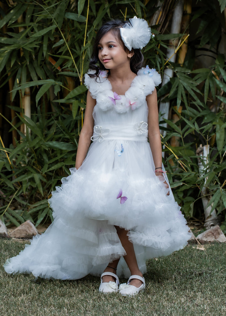 Off White Butterfly Net Trail With  Matching Bow Hair Clip Dress