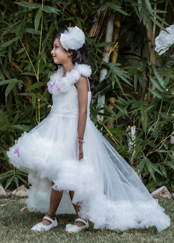 Off White Butterfly Net Trail With  Matching Bow Hair Clip Dress