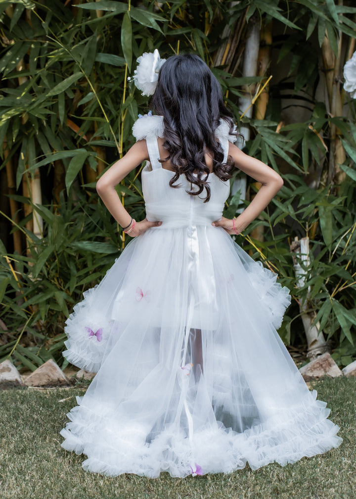 Off White Butterfly Net Trail With  Matching Bow Hair Clip Dress