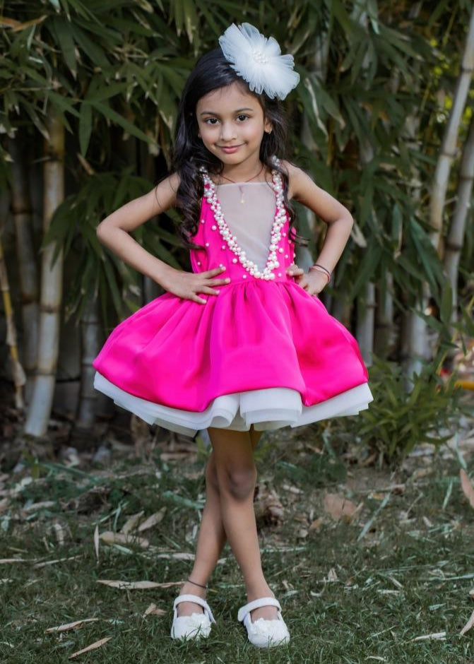 Magenta Heavy Pearl Work Dress With Detachable Bow