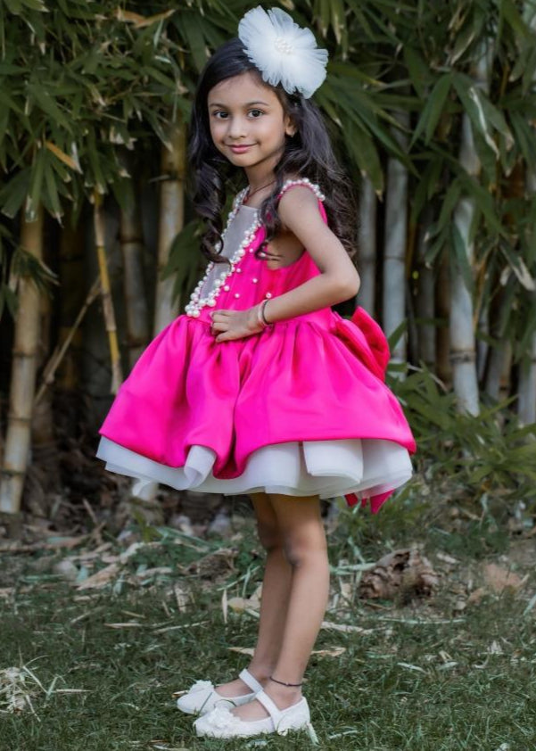 Magenta Heavy Pearl Work Dress With Detachable Bow