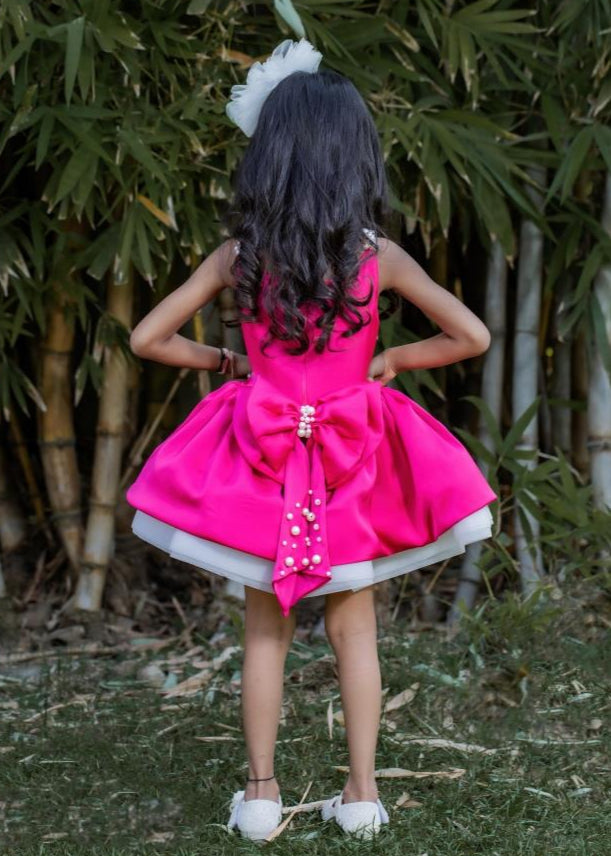 Magenta Heavy Pearl Work Dress With Detachable Bow