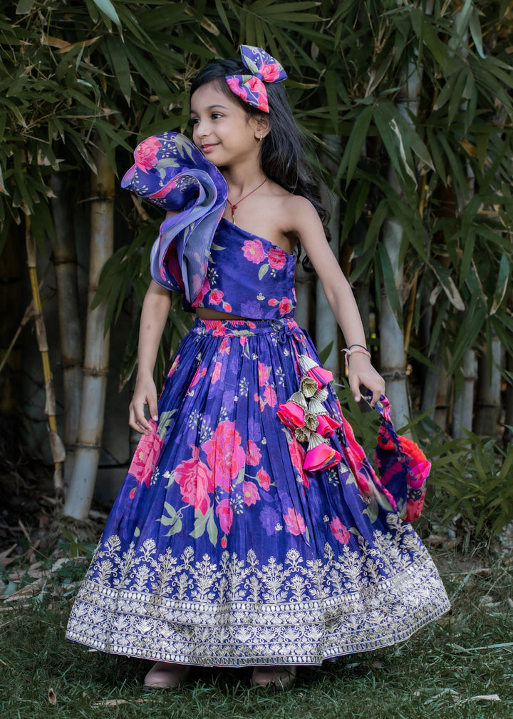 Purple Flower Printed Heavy Embroidered Top And Lehenga Set