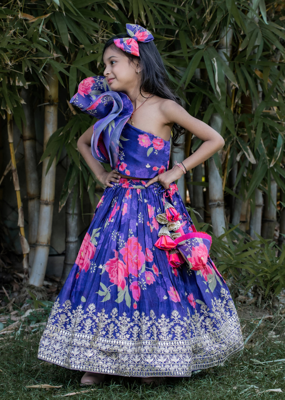 Purple Flower Printed Heavy Embroidered Top And Lehenga Set