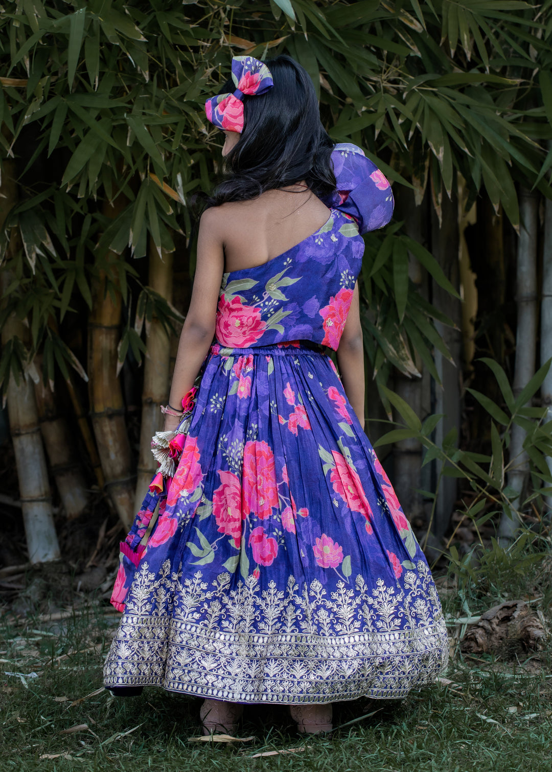 Purple Flower Printed Heavy Embroidered Top And Lehenga Set