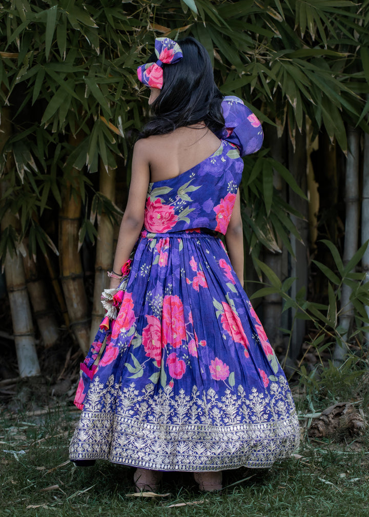 Purple Flower Printed Heavy Embroidered Top And Lehenga Set
