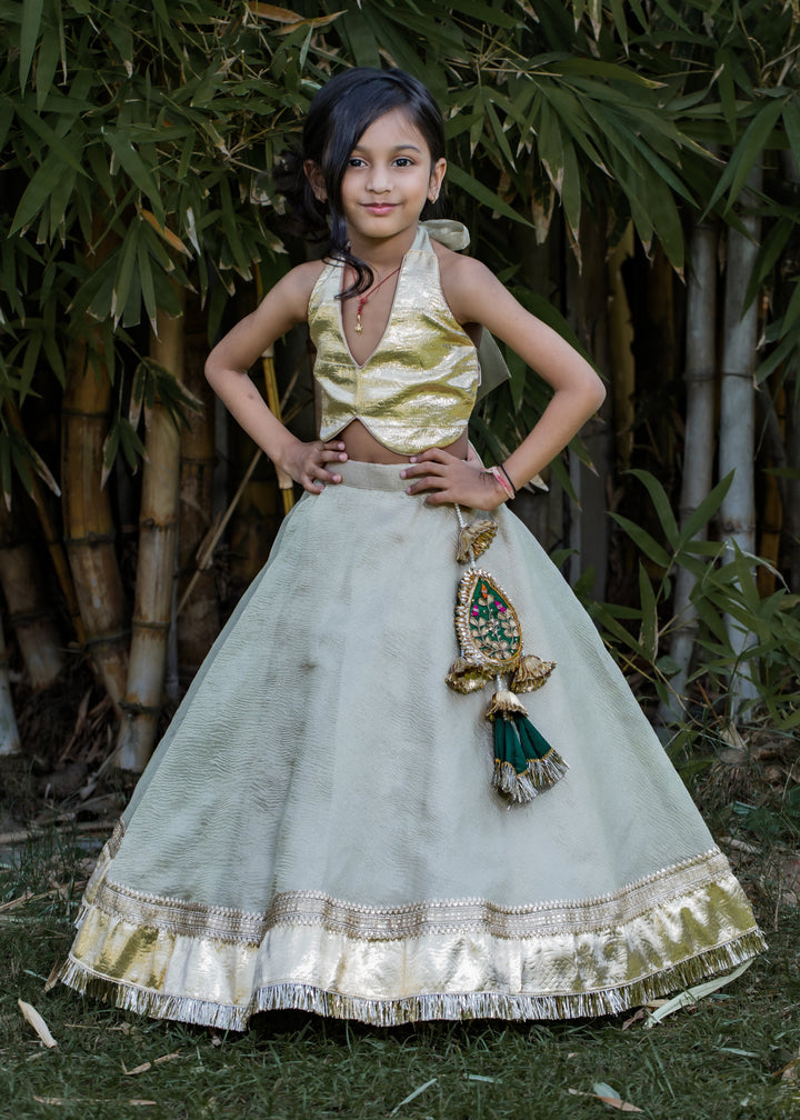 Golden And Green Halter Neck Stylish Top And Lehenga Set