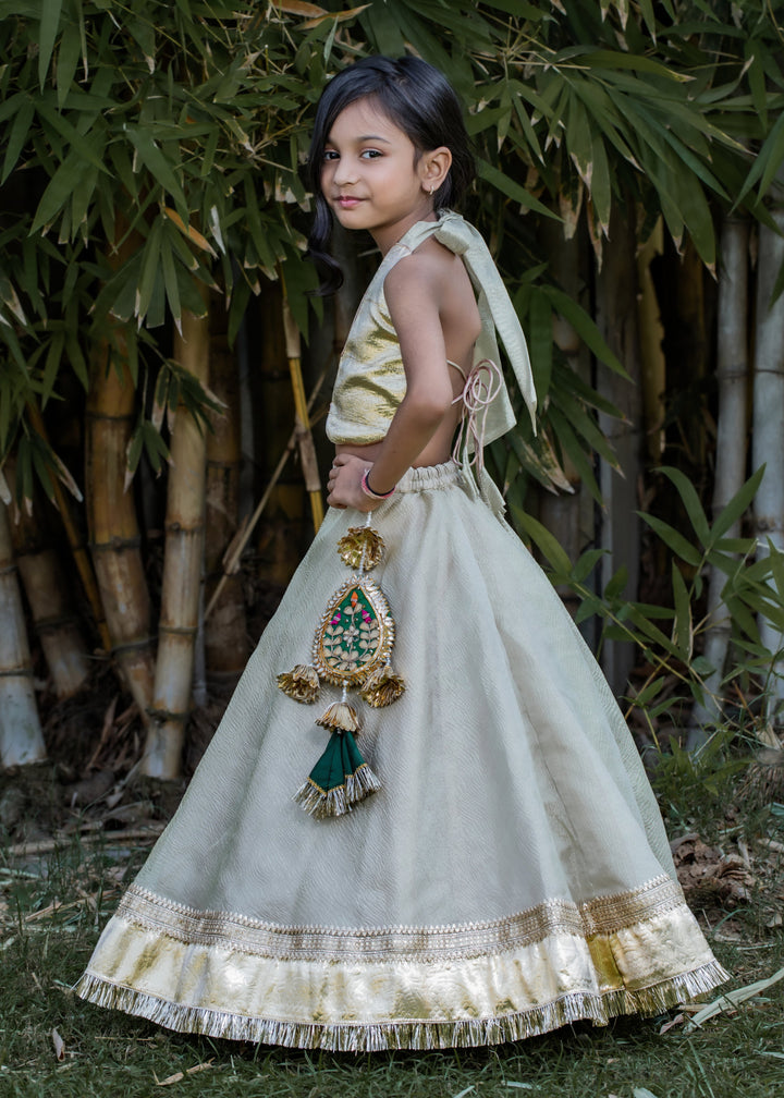 Golden And Green Halter Neck Stylish Top And Lehenga Set