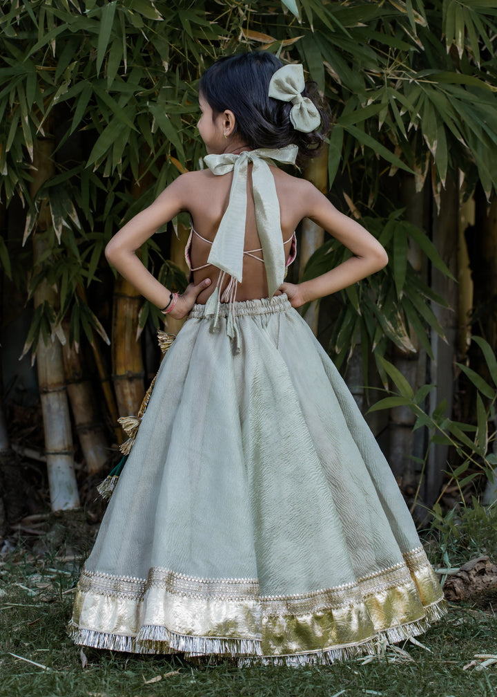Golden And Green Halter Neck Stylish Top And Lehenga Set