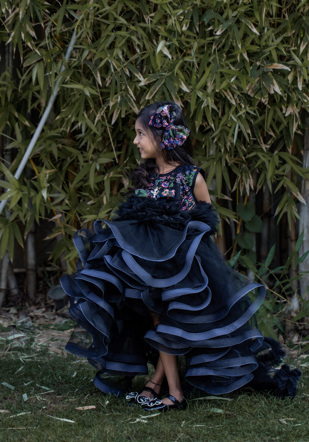Black Stiff Hem Ruffle Embroidery With Trail Gown