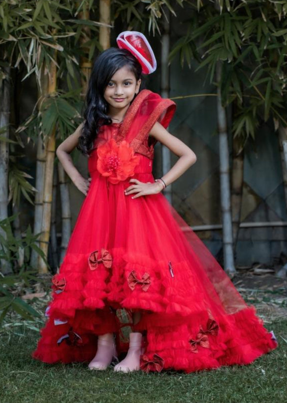 Red Net High Low Style Snowy Frill Gown