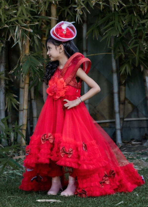 Red Net High Low Style Snowy Frill Gown