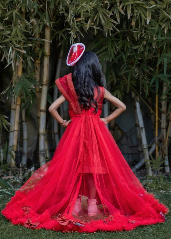 Red Net High Low Style Snowy Frill Gown