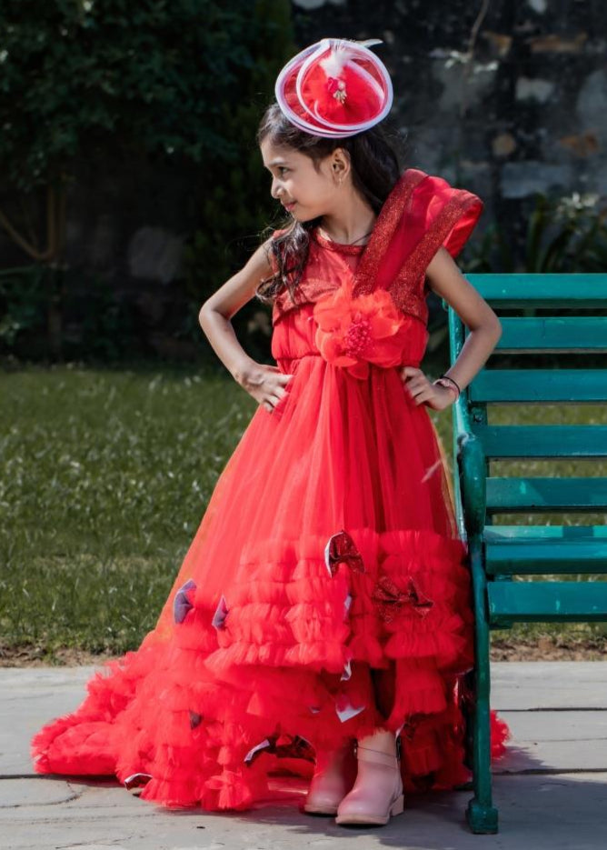 Red Net High Low Style Snowy Frill Gown