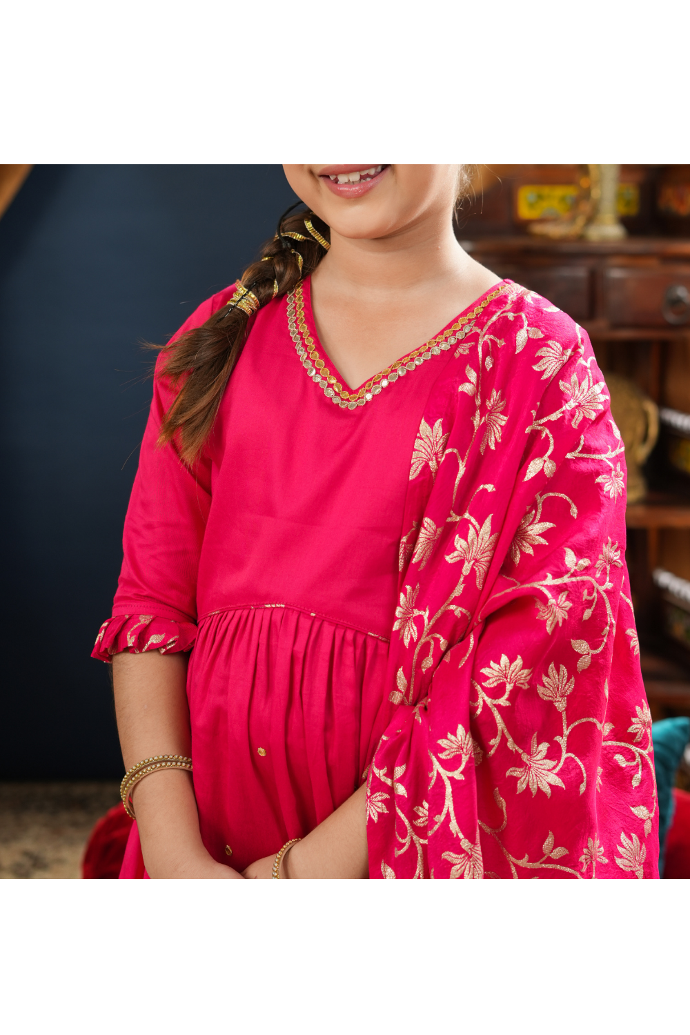 Rani Pink Gota Detailing A-Line Anarkali Kurta Set