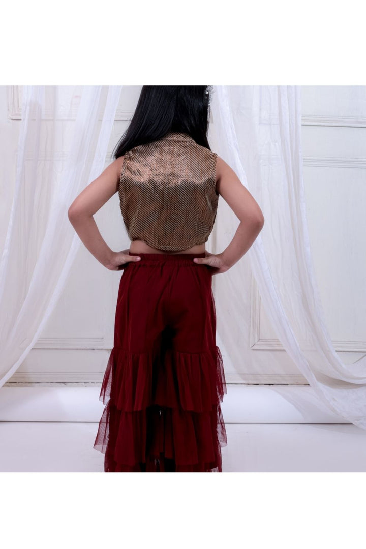 Gold Embroidered Top & Maroon Layered Net Sharara Set