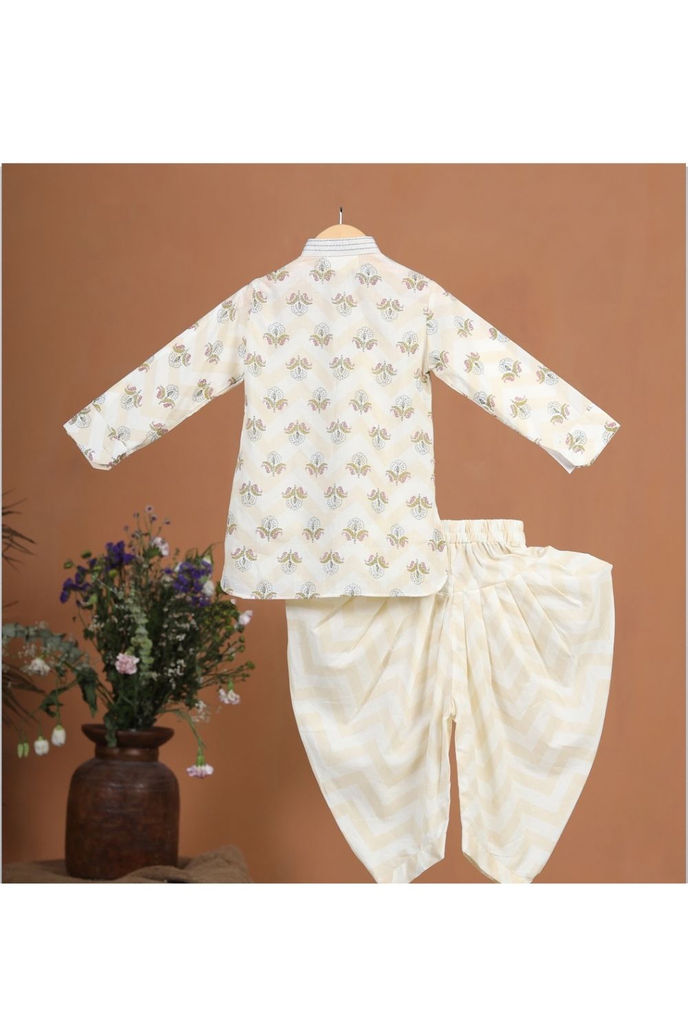Beige Cotton Floral Kurta With Balloon Pant Set