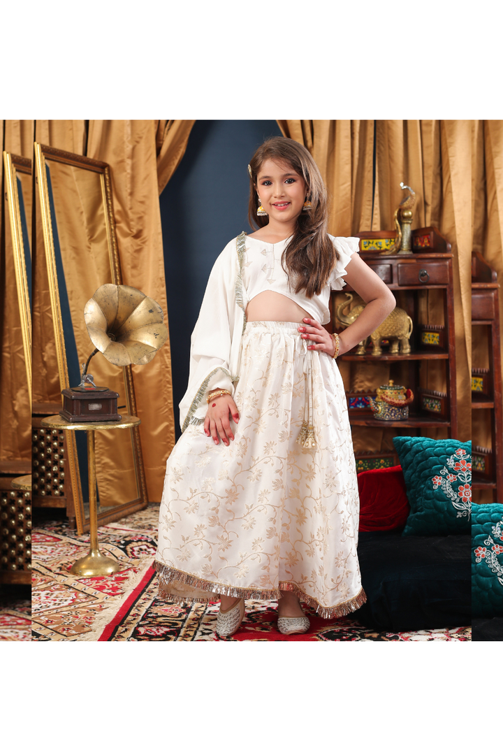 White Hand-Embroidered Motif Top With Lehenga Set