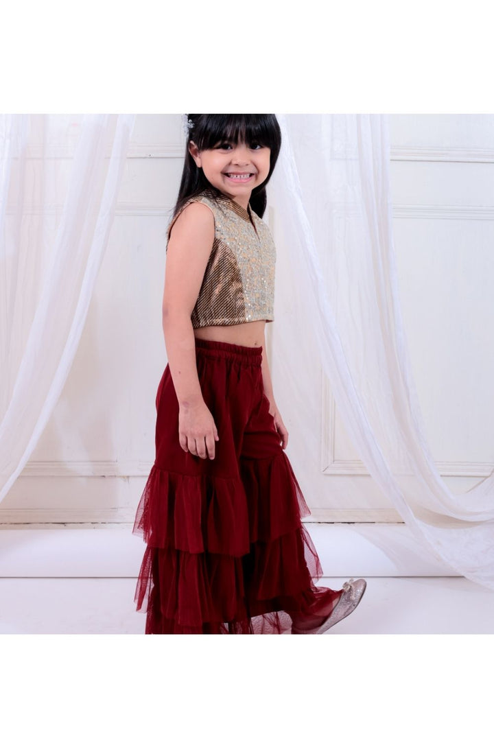 Gold Embroidered Top & Maroon Layered Net Sharara Set