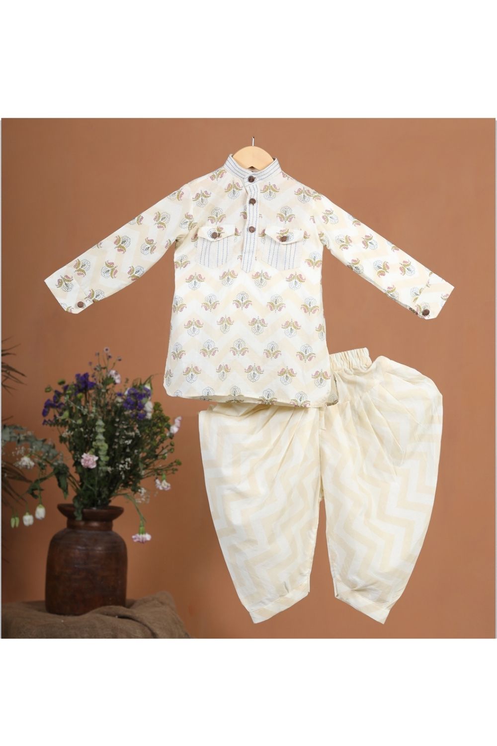 Beige Cotton Floral Kurta With Balloon Pant Set