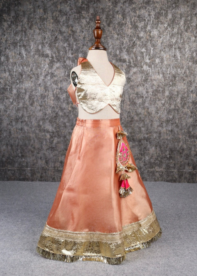 Golden And Orange Halter Neck Stylish Top And Lehenga Set
