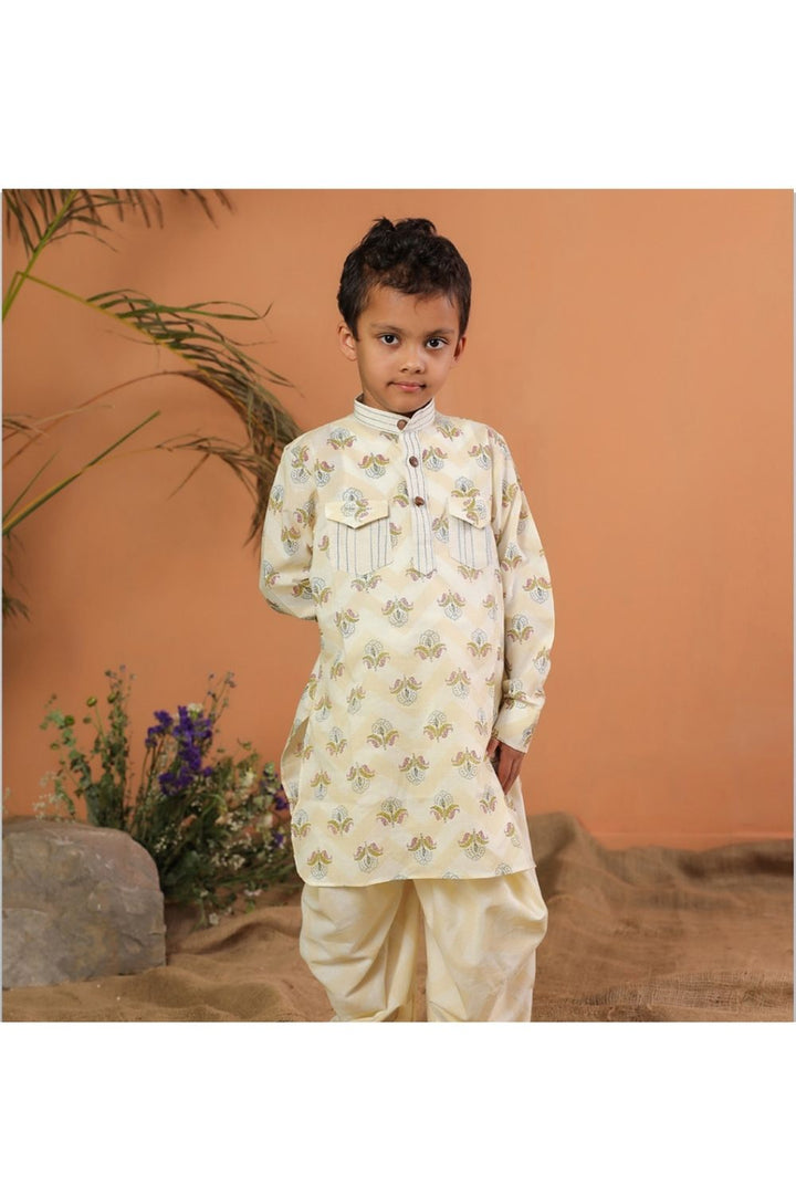 Beige Cotton Floral Kurta With Balloon Pant Set