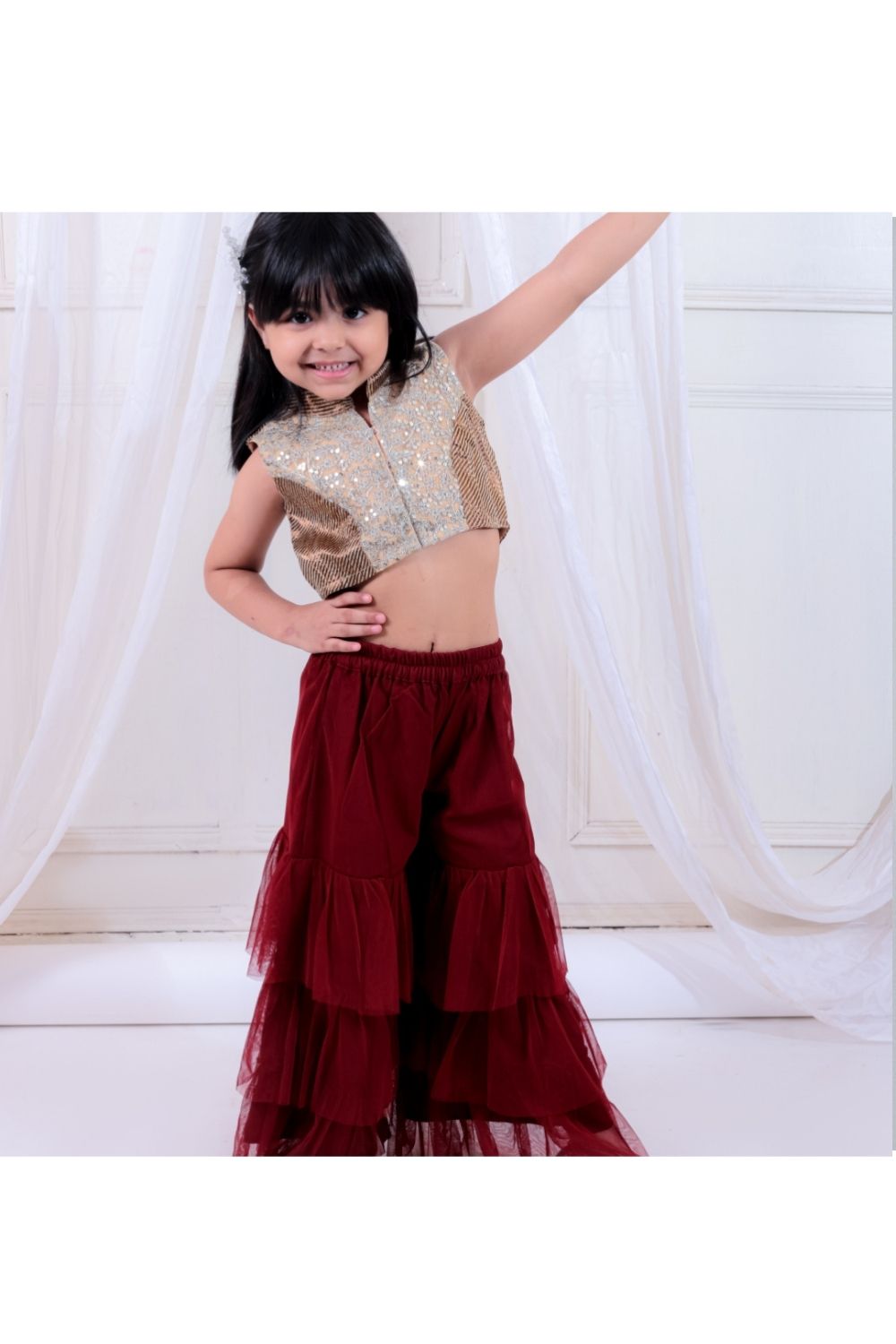 Gold Embroidered Top & Maroon Layered Net Sharara Set