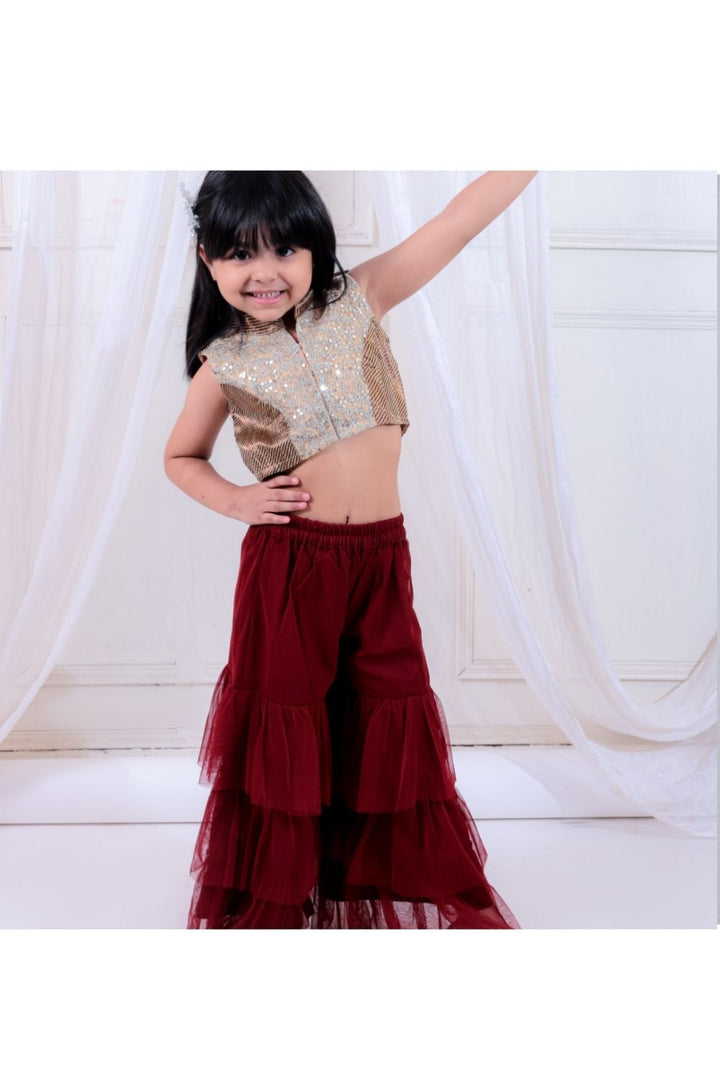 Gold Embroidered Top & Maroon Layered Net Sharara Set