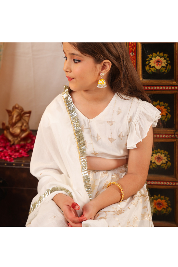 White Hand-Embroidered Motif Top With Lehenga Set