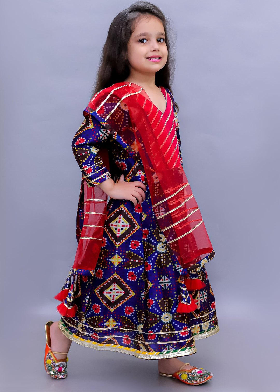 Navy Blue Patola Printed with gota work Floor Length Dress