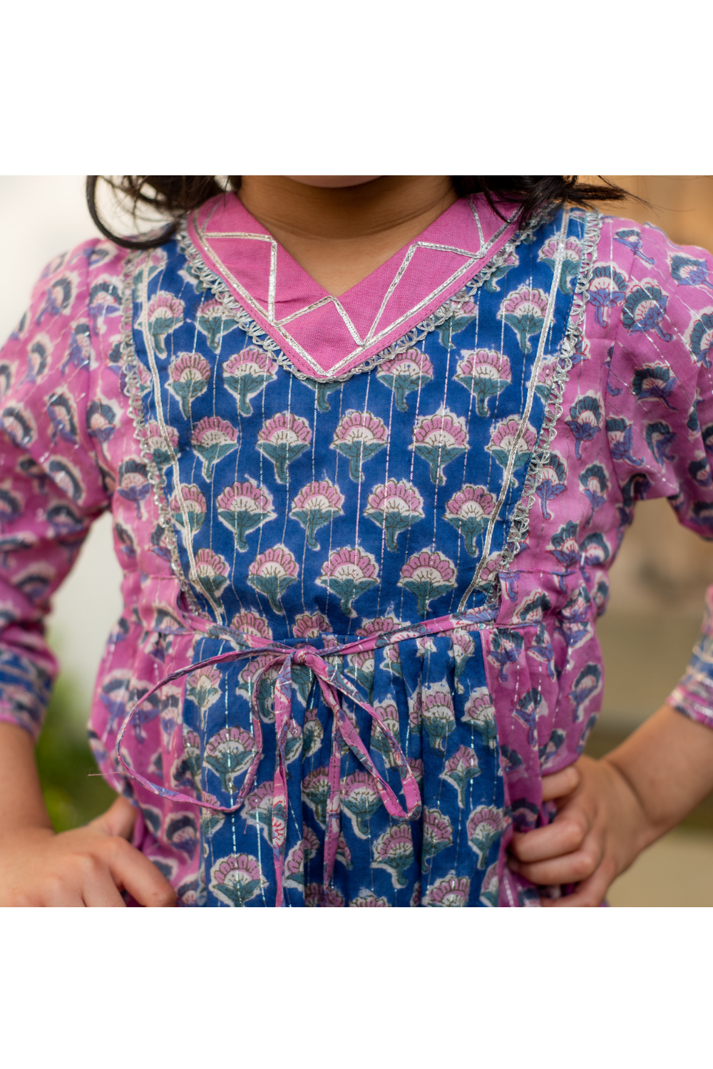 Pink And Blue Floral Printed And Gota Lace Embellished Kurta With Pants Set