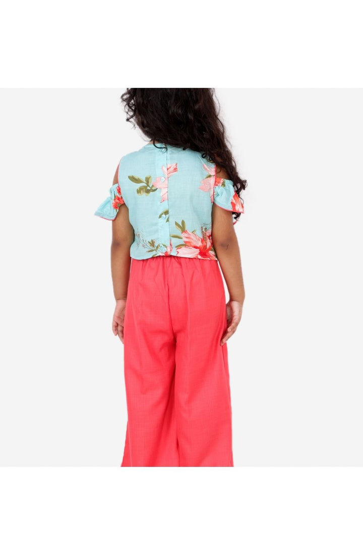 Aqua Blue & Coral Floral Printed Ruffle Top & Palazzo Set