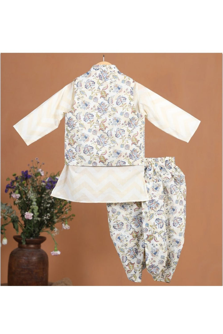 Beige Cotton Kurta And Floral Dhoti With Gota Detailing Jacket Set