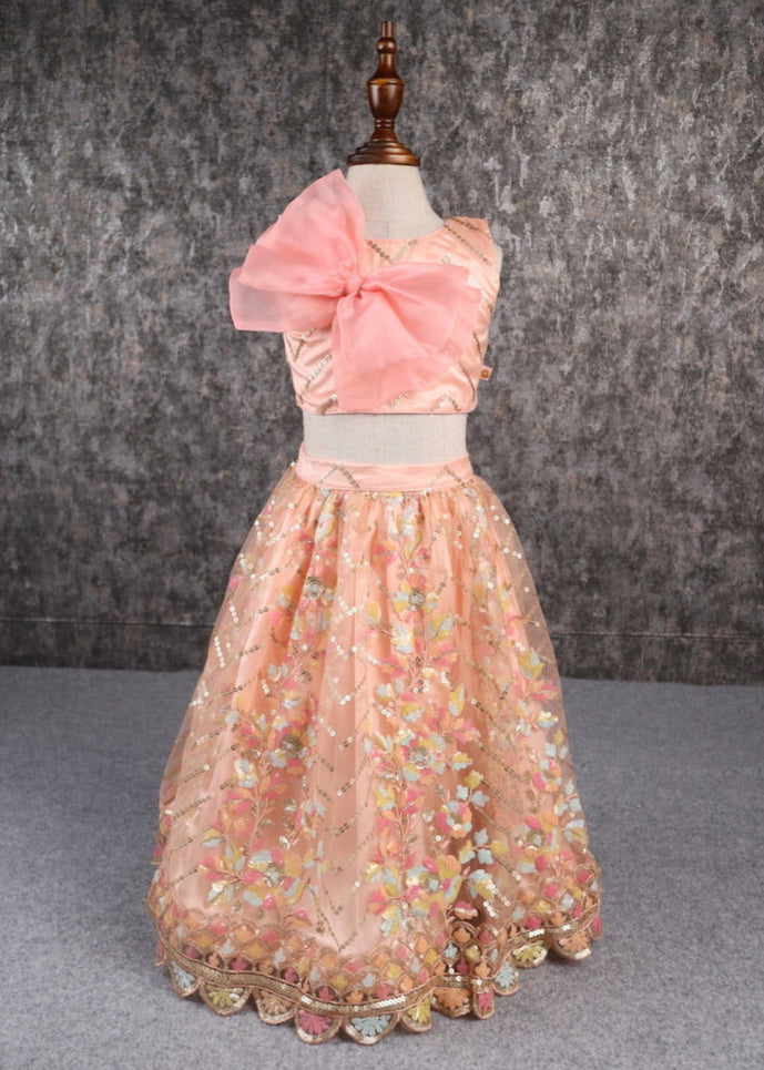 Multicolor Embroidered Organza Bow Embellished Top And Lehenga Set