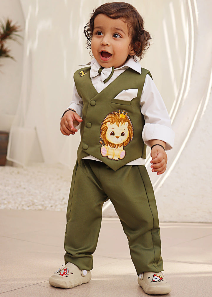 Off White Cotton Shirt With Green Motif Embroidered Sleeveless Waistcoat Set