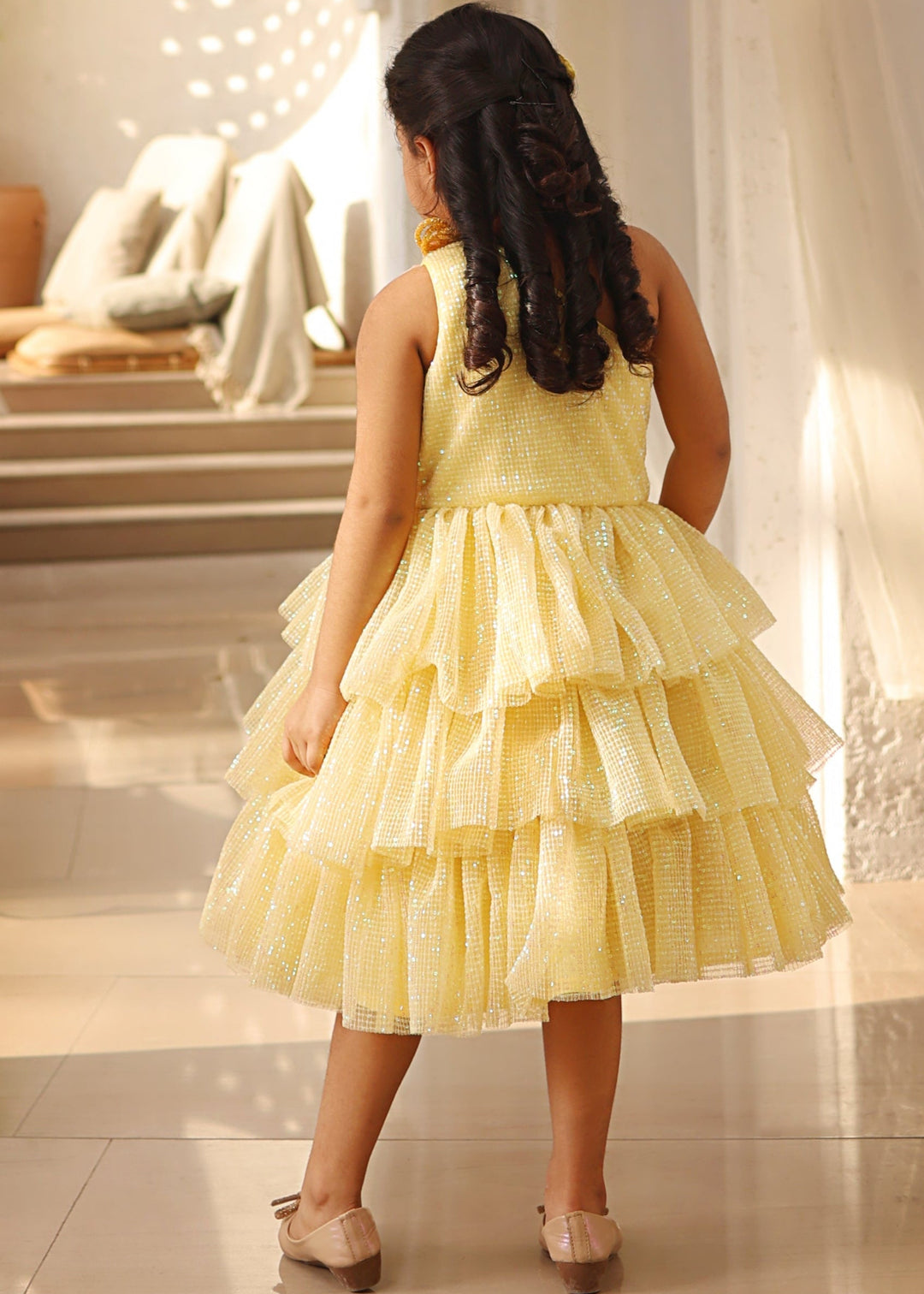 Yellow Sequence Embroidery 3D Flowers Frock