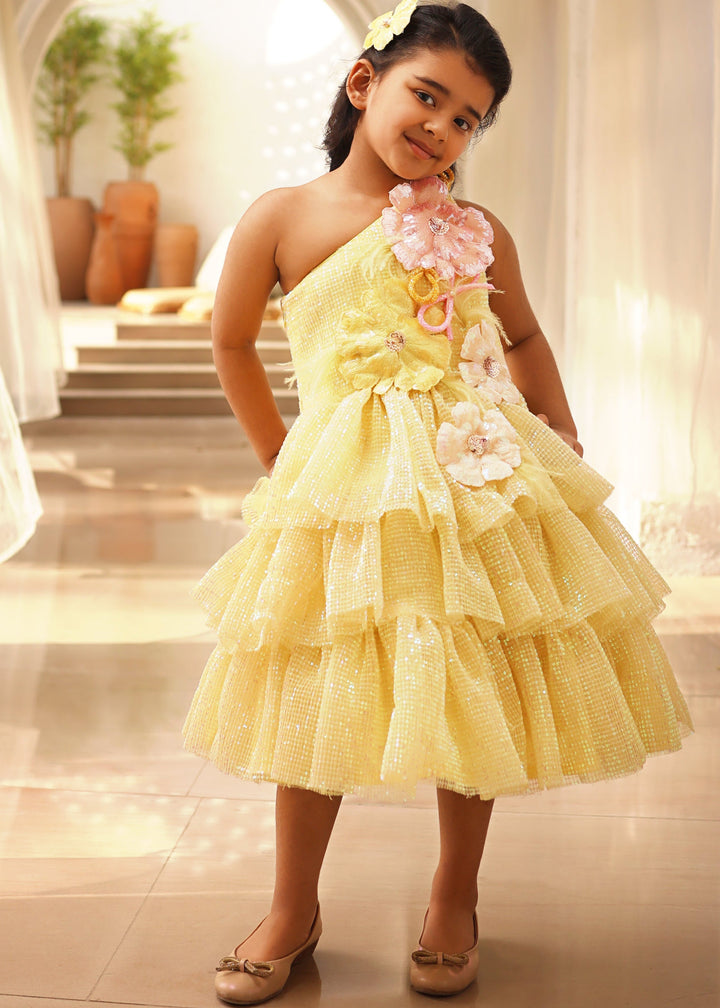Yellow Sequence Embroidery 3D Flowers Frock