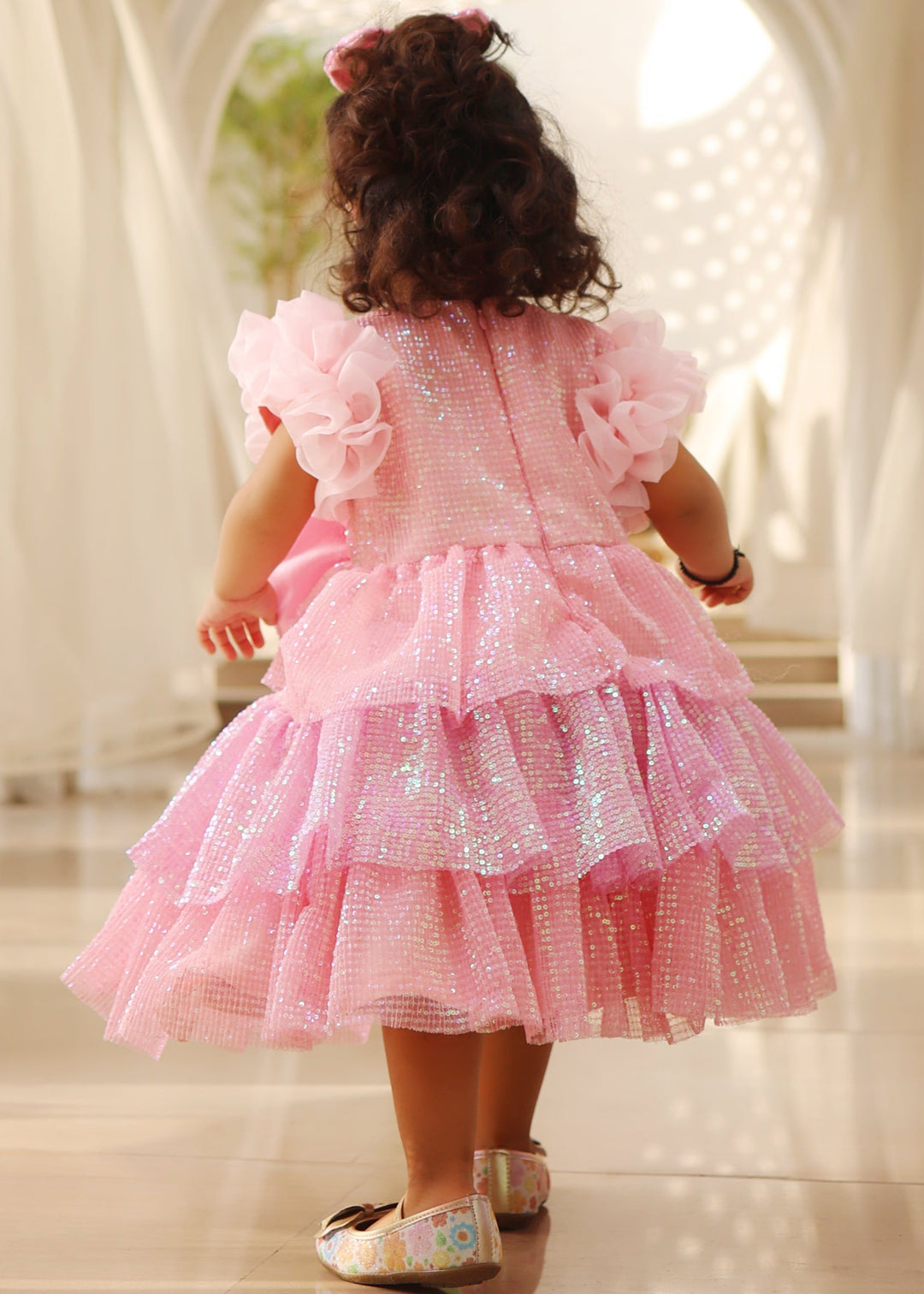 Pink Organza Sequence Embroidery Bow Frock
