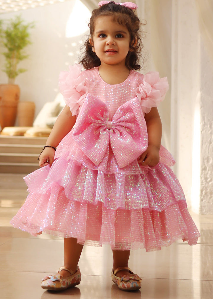 Pink Organza Sequence Embroidery Bow Frock