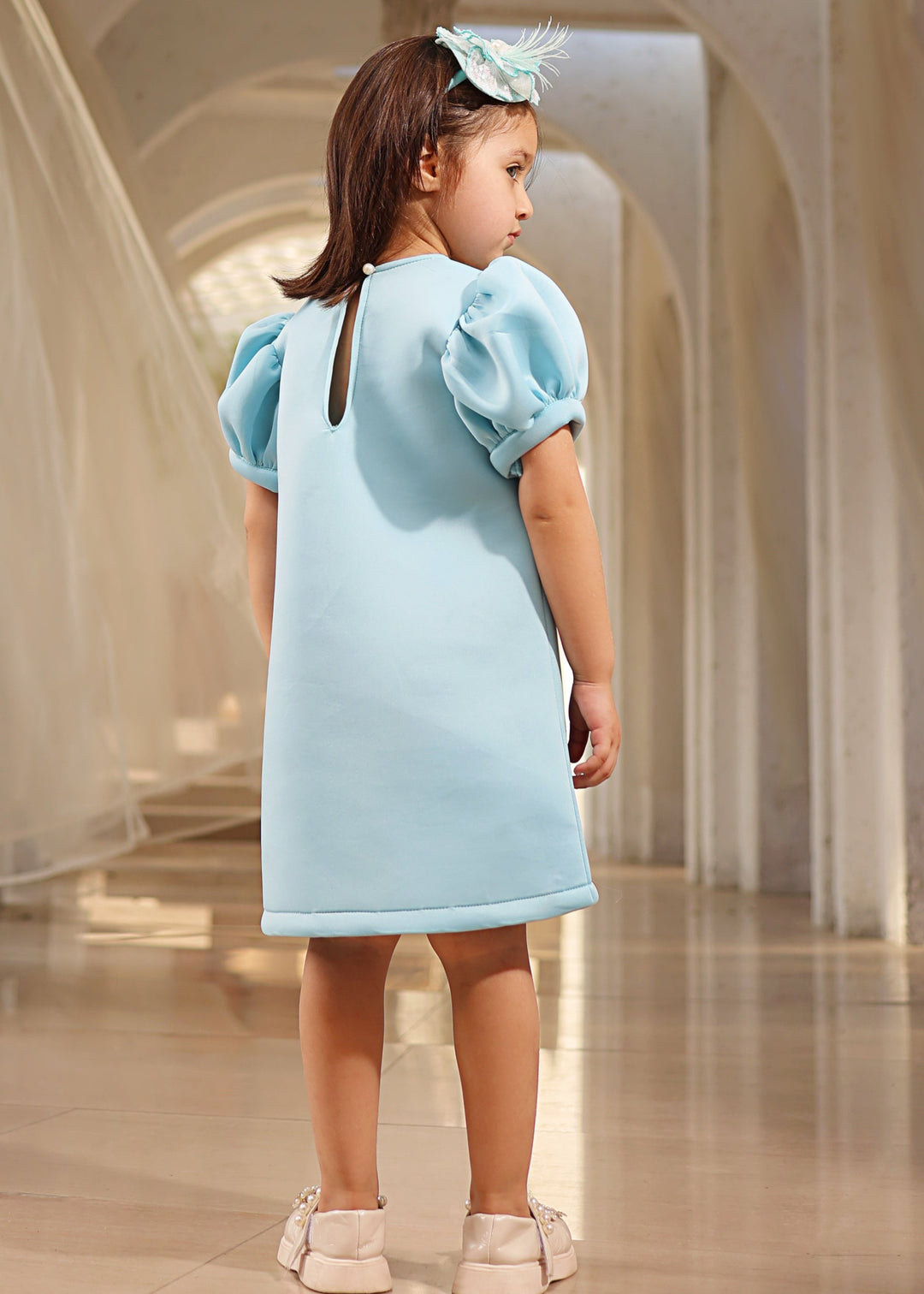 Blue Neoprene Hand made Sequence 3D Flowers Dress