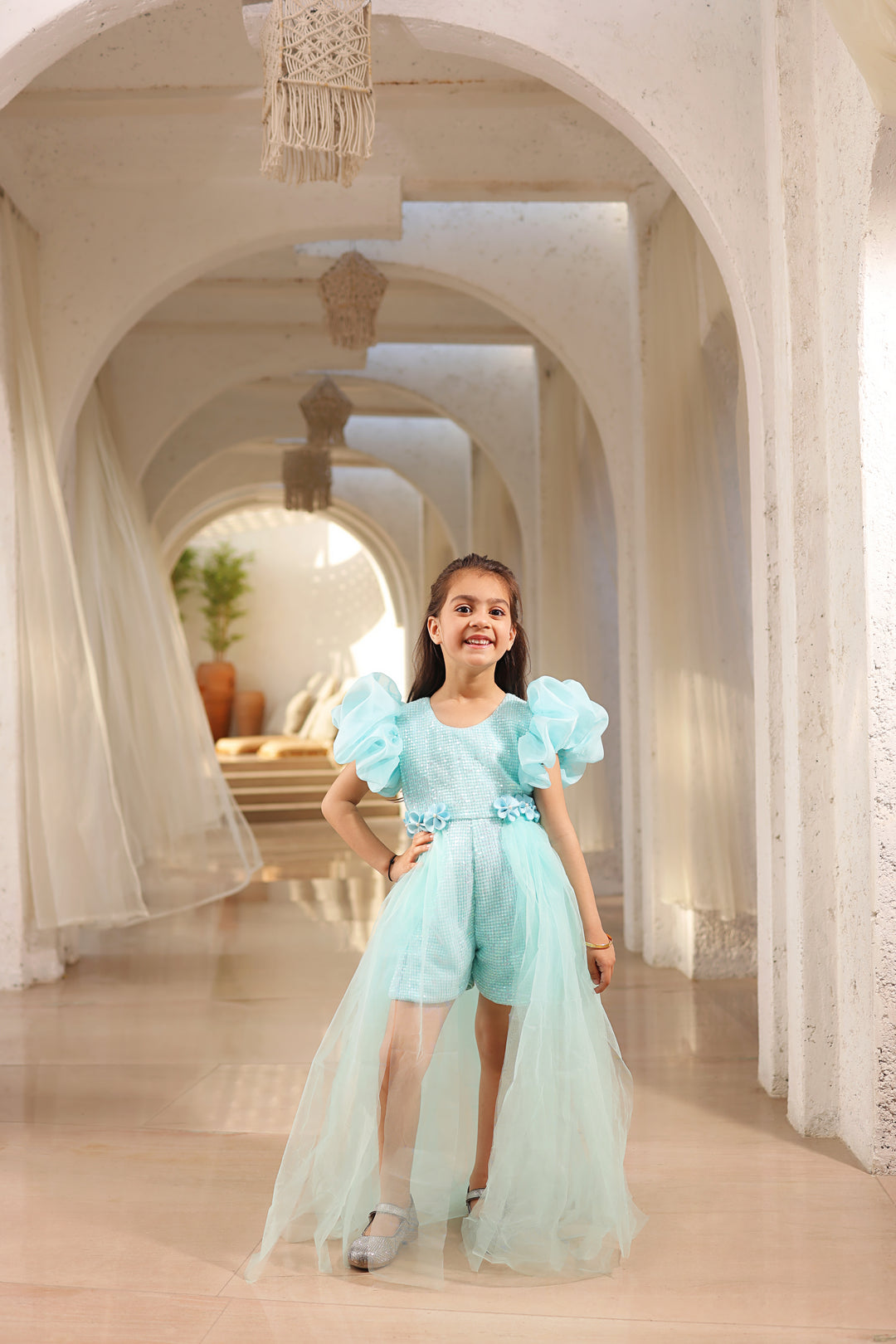 Blue Net Sequence Romper with Trail Dress
