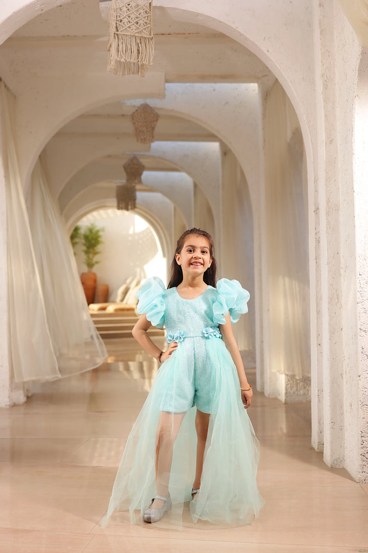 Blue Net Sequence Romper with Trail Dress
