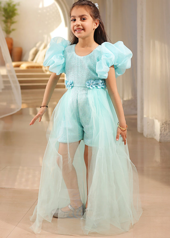 Blue Net Sequence Romper with Trail Dress