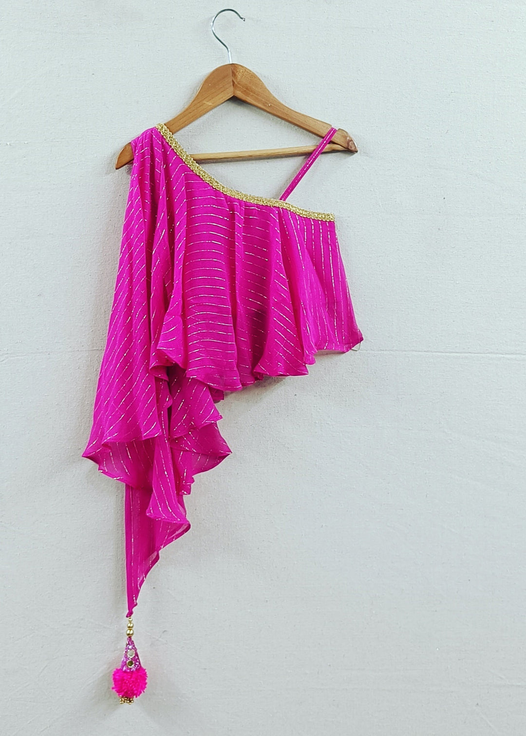 Magenta One Shoulder Drape Top With Flared Brocade Palazzo Set