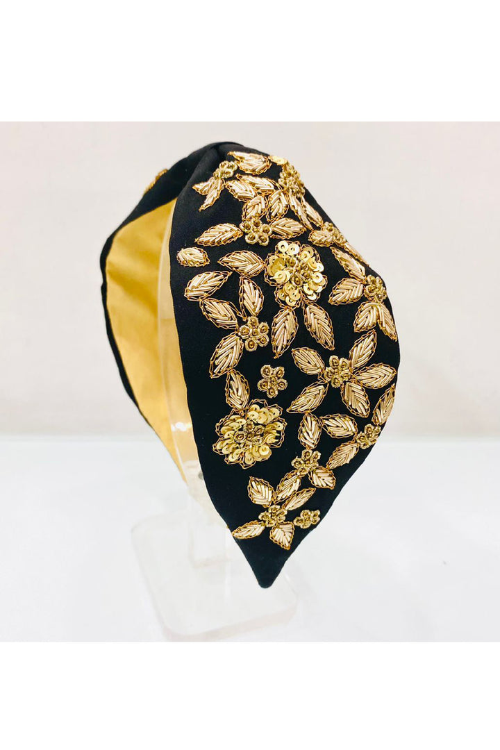 Black And Golden Floral Beads Embroidered Hairband