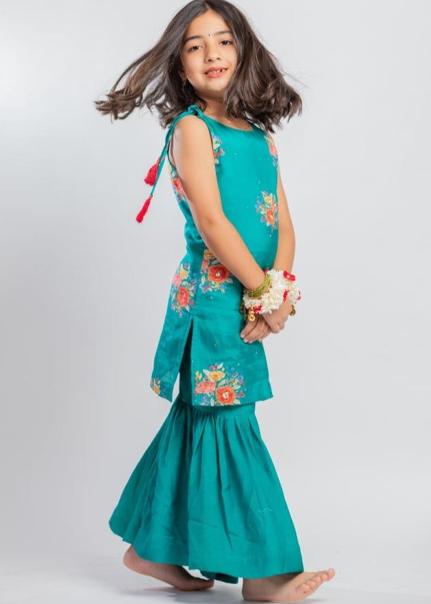 Green Muslin Floral Printed Knot Kurta With Sharara Set