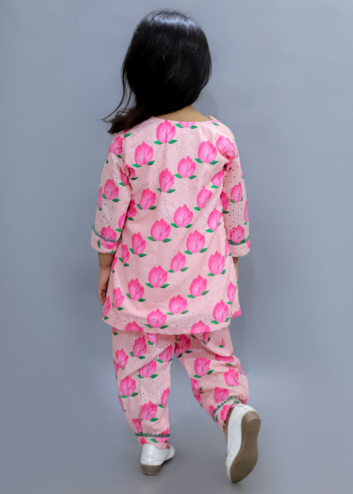 Baby Pink Lotus Printed Hakuba Cotton Kurta With Salwar Set