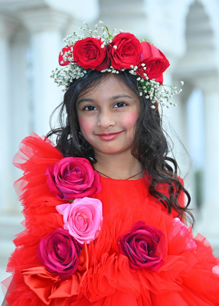 Red Butterfly Net Satin Bow With Ruffle Frill Gown